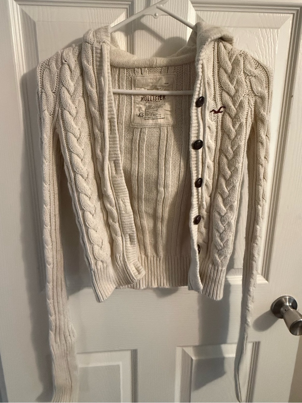 Vintage Hollister Cable Knit Hooded Cardigan Sweater XS Cream Y2K 2008
